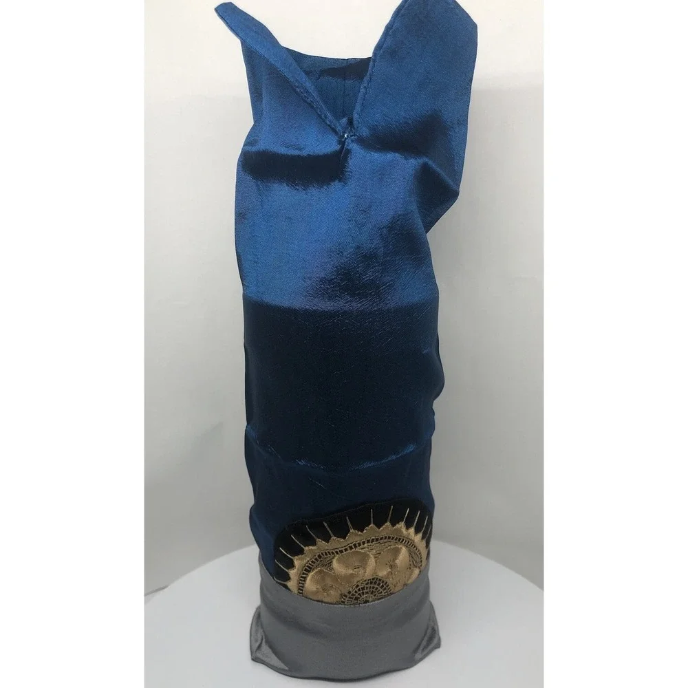 Festive Host Gift Wine Bottle Cover Blue Silky Material Gold Embroidered Pattern